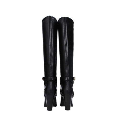 Celine Black Leather Knee-High High Heel Boots – Pointed Toe Gold Buckle